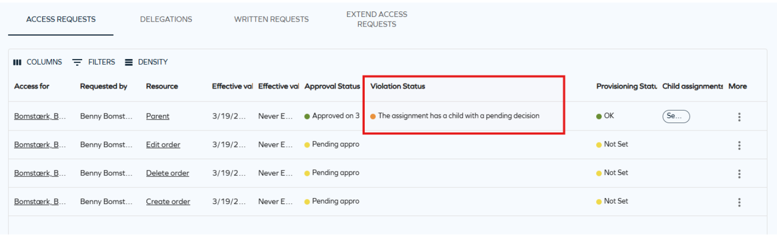 Violation status shown in the Access request page.